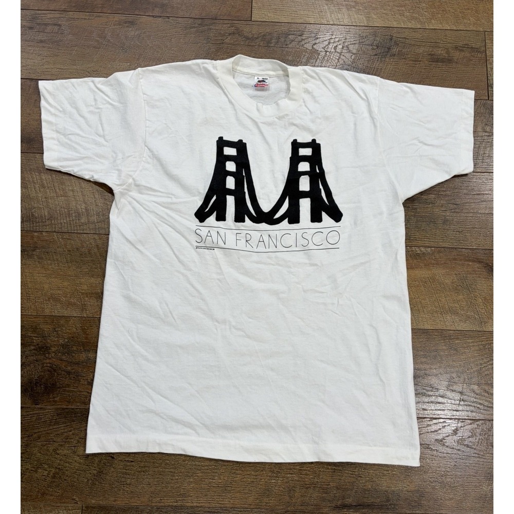 Vintage 1985 San Francisco Golden Gate Bridge Tee White Black XL Made In USA 80s